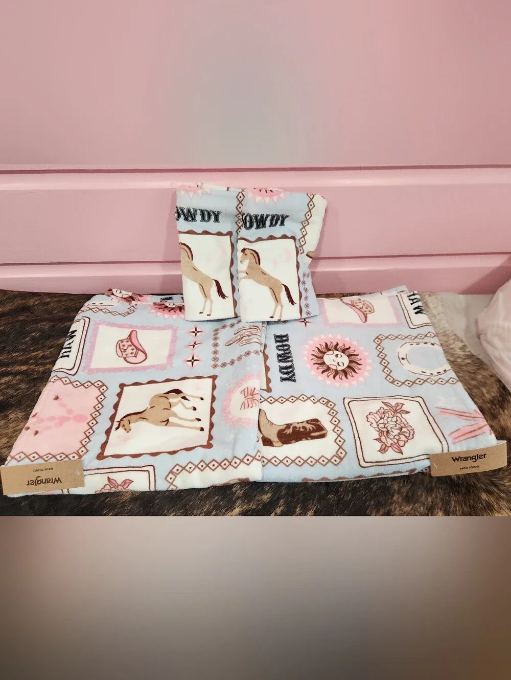 Wrangler Pink and Light Blue Western Stamp Horse Bath Towel Set